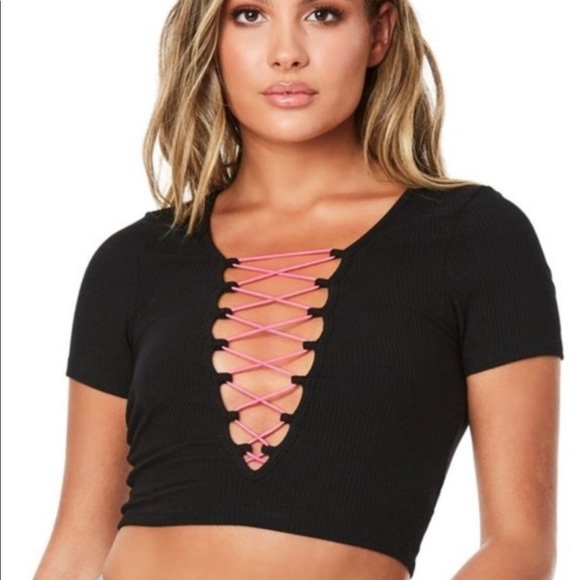 LF Tops - LF Emma & Sam Black Crop Top w/ Pink Lace Up